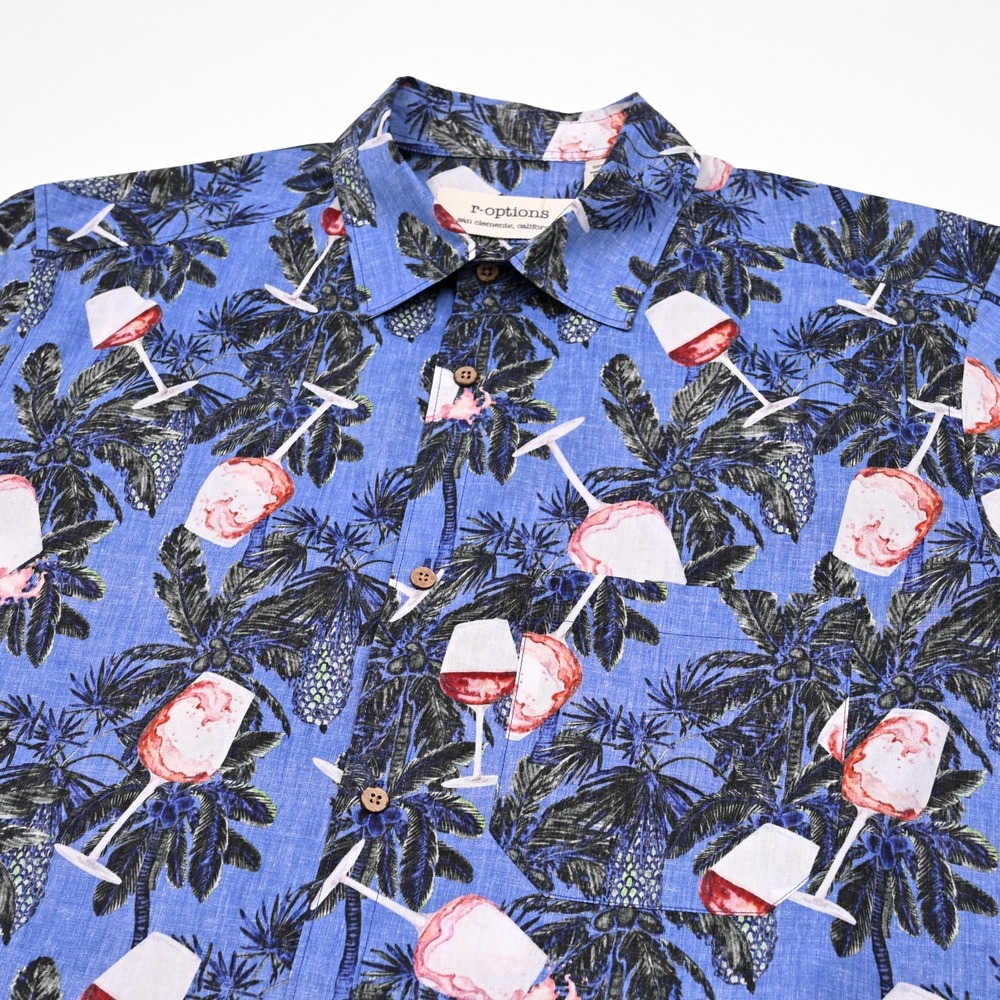 R-Options Shirt‎ Mens Large Island Drinks Reverse Print Hawaiian Button Up 90s